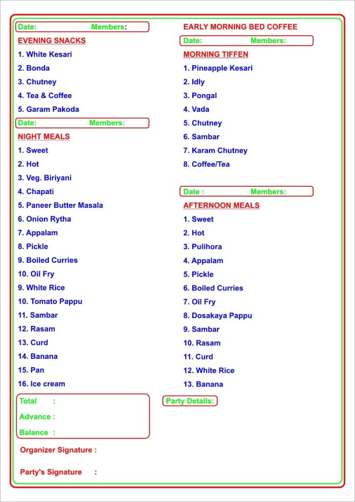 standard food menu